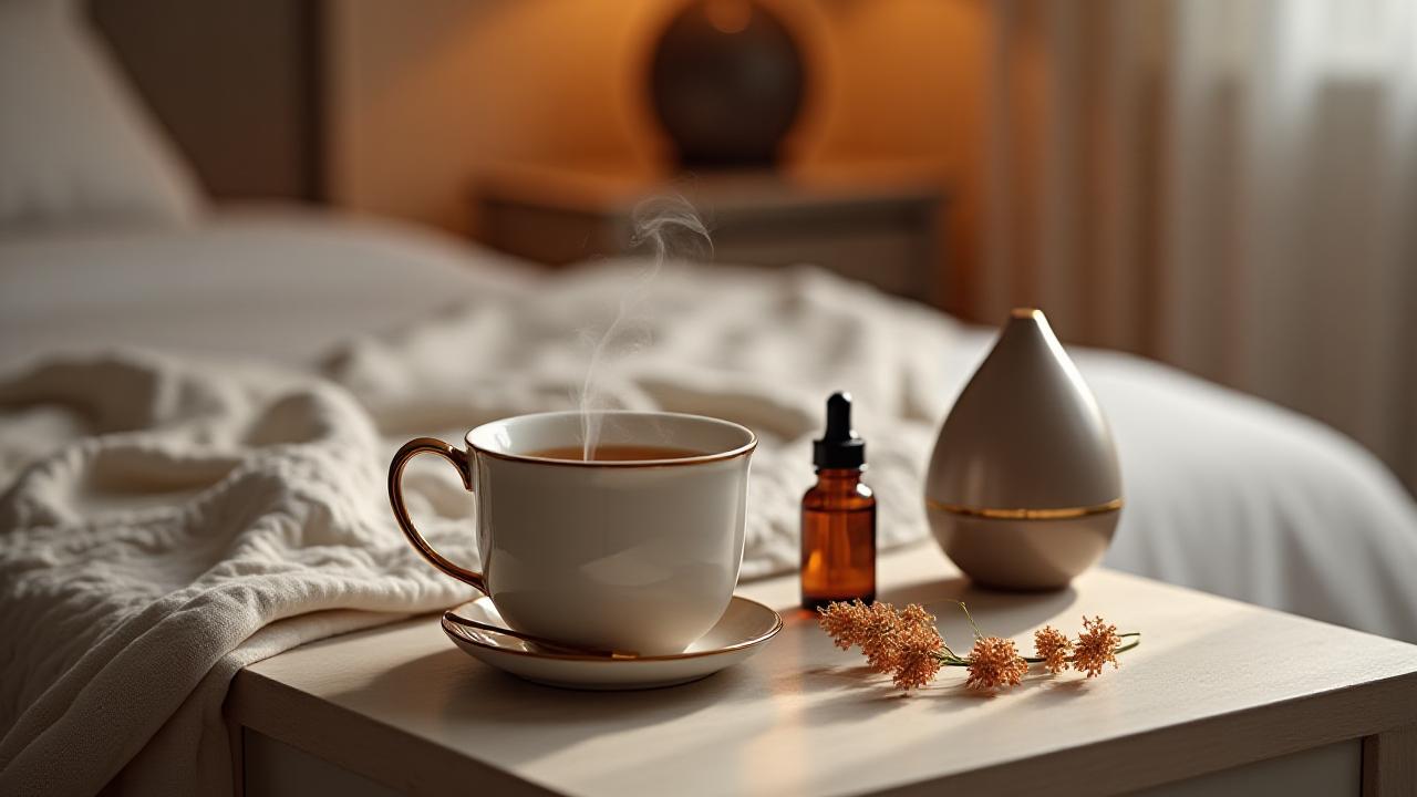 숙면을 돕는 허브티와 아로마 오일이 놓인 침대 협탁